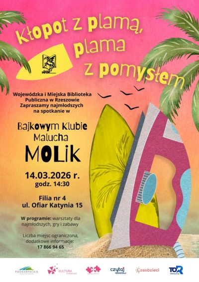 Grafika promująca spotkanie dla dzieci Kłopot z plamą, plama z pomysłem